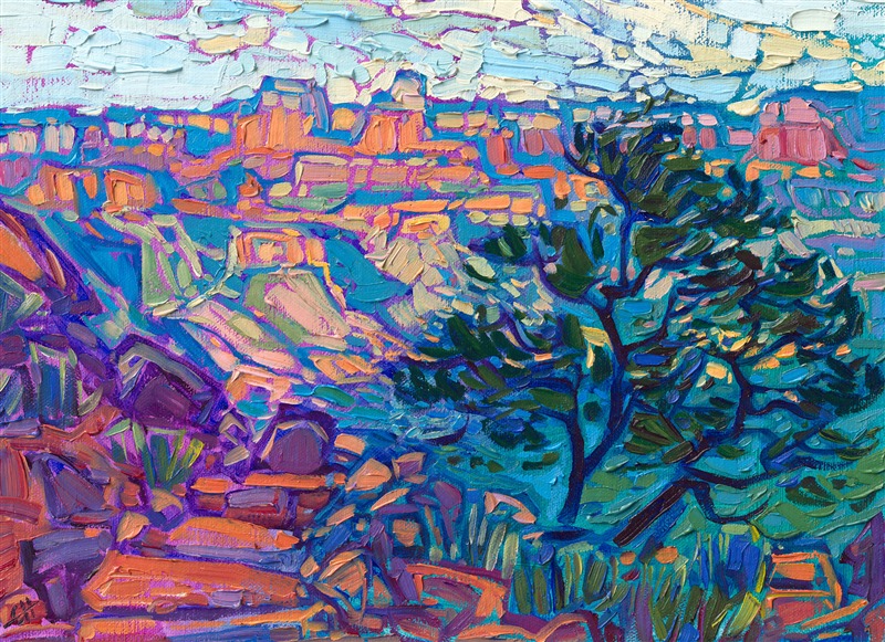 Hiking down into the depths of the Grand Canyon is an awe-inspiring journey. Surrounded by immense layers of colored sandstone in every direction, the great distances and overpowering beauty are hard for the mind to grapple with.</p><p>"Grand Canyon in Petite" captures the grand scale of the canyon on a petite canvas only 9x12 inches. The brush strokes are loose and impressionistic, alive with color and texture. The painting arrives framed in a black and gold plein air frame.<br/>