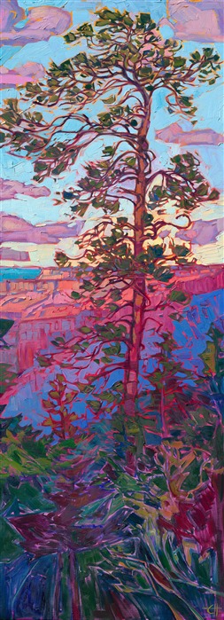 This large oil painting celebrates the beauty of the Grand Canyon with impressionistic color and thick, impasto brush strokes. The pine trees in the foreground add depth to the scene, giving you the sense of standing on the very edge of the canyon and getting lost in one of the Grand Canyon's famous sunsets.</p><p>"Grand Canyon in Triptych" was created on three separate stretched canvases, 1-1/2" deep. The edges of each individual canvas are painted as a continuation of the painting, creating a three-dimensional effect when viewed from the side. The panels should be hung 3-3/4" apart, creating a total horizontal length of 99-1/2" inches (over 8 feet long.)<br/>