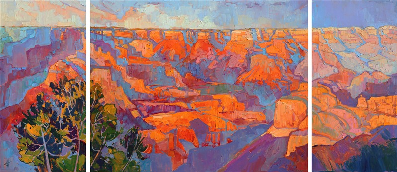 The wide expanse of the Grand Canyon's south rim spreads across three canvases in this dramatic triptych. The colors are saturated and variegated, bringing to life the emotional impact of seeing the Grand Canyon in person. The brush strokes in this painting are loose and impressionistic, full of texture and movement.</p><p>This painting was created on three museum-depth canvases, with the painting continued around the edges of each stretched canvas. This painting was designed to hang without a frame.  </p><p>Exhibited: St George Art Museum, Utah, in a solo exhibition celebrating the National Park's centennial: <i><a href="https://www.erinhanson.com/Event/ErinHansonMuseumShow2016" target="_blank">Erin Hanson's Painted Parks</a></i>, 2016.</p><p>(Tip for hanging triptych paintings: first hang the center panel, making sure it is very straight.  You can use standard OOK picture hanging hooks.  Next, hang the two side panels, spacing them 2-3 inches apart, and making sure the bottom edges line up with the center panel.  The eye tends to focus on the bottom horizontal edge of the painting, so make sure this is a straight line.)