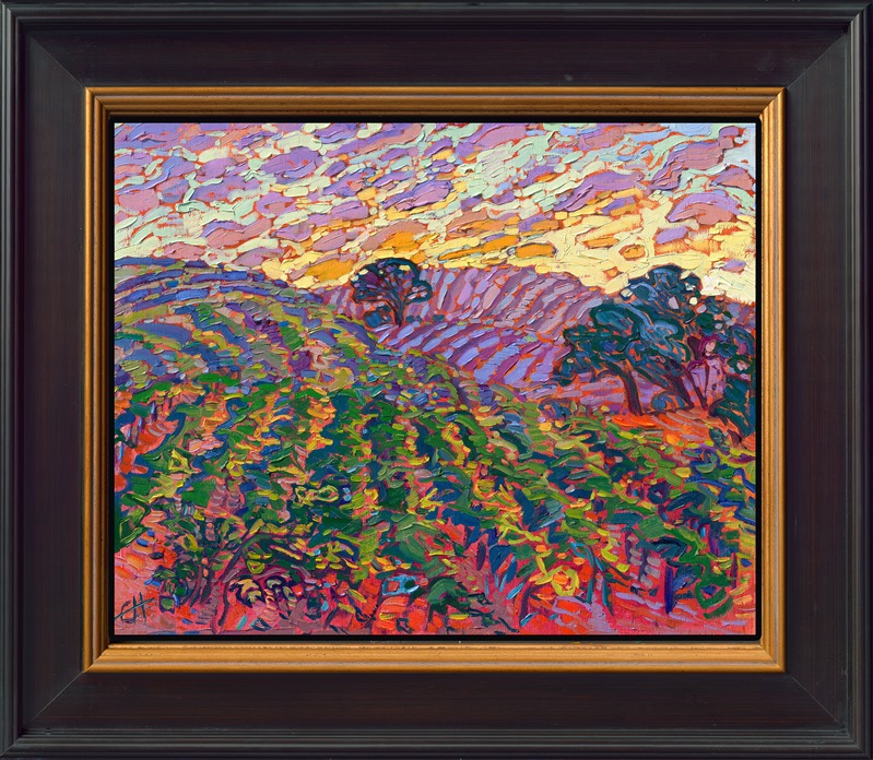Waiting patiently for the sun to rise in Paso Robles, California, paid off with this stunning color display of oranges, purples, and pinks. The coastal fog faded away, and the sun rose over the idyllic wine country of central California. This painting captures the morning color with thick, impressionist brush strokes of oil paint.</p><p>"Green Vines" is an original oil painting by American impressionist Erin Hanson. The impasto oil paint, applied without layering from a pre-mixed palette, is a hallmark of her painting style, known as Open Impressionism.