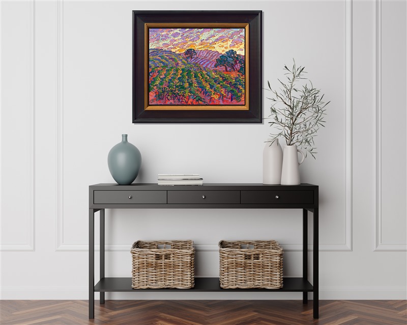 Waiting patiently for the sun to rise in Paso Robles, California, paid off with this stunning color display of oranges, purples, and pinks. The coastal fog faded away, and the sun rose over the idyllic wine country of central California. This painting captures the morning color with thick, impressionist brush strokes of oil paint.</p><p>"Green Vines" is an original oil painting by American impressionist Erin Hanson. The impasto oil paint, applied without layering from a pre-mixed palette, is a hallmark of her painting style, known as Open Impressionism.