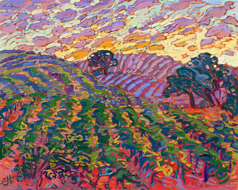 Waiting patiently for the sun to rise in Paso Robles, California, paid off with this stunning color display of oranges, purples, and pinks. The coastal fog faded away, and the sun rose over the idyllic wine country of central California. This painting captures the morning color with thick, impressionist brush strokes of oil paint.</p><p>"Green Vines" is an original oil painting by American impressionist Erin Hanson. The impasto oil paint, applied without layering from a pre-mixed palette, is a hallmark of her painting style, known as Open Impressionism.