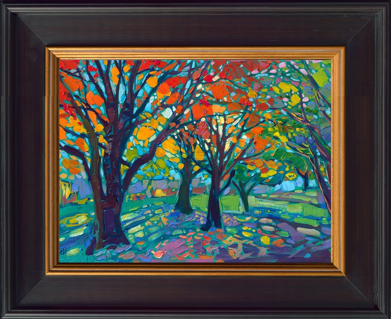 Maple and oak trees explode with color in this petite oil painting. The painterly brush strokes evoke feelings of joy and exuberance, capturing the beautiful and transient beauty of autumn in the northwest.</p><p>"Green to Gold" is an original oil painting created on linen board. The piece arrives framed in a black and gold plein air frame, ready to hang.