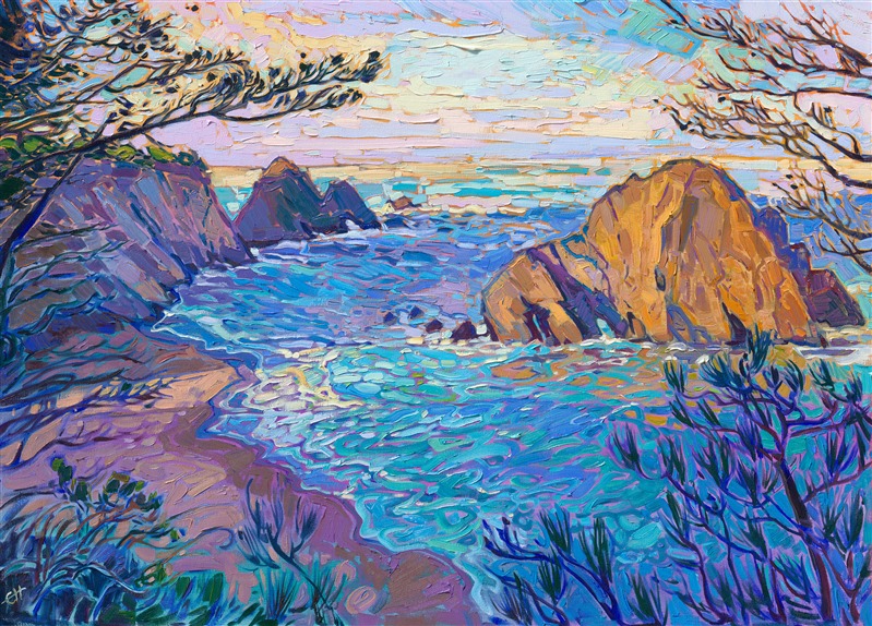 Greenwood State Beach in Mendocino County is most beautiful to paint at dawn, when the sun's early rays sneak between the cliffside and illuminate the sea stack and turquoise waters below. This painting by Erin Hanson captures the transient beauty of this northern California scene with thickly applied, painterly brushstrokes.