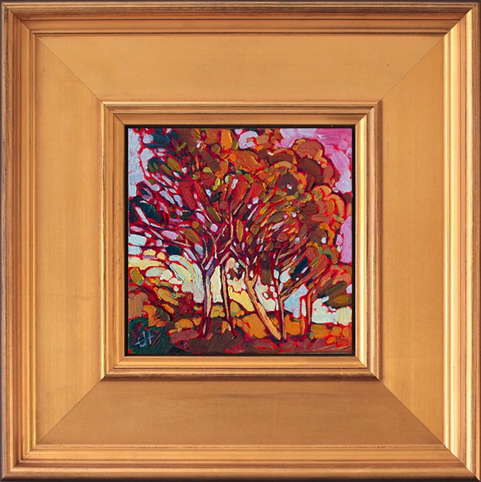 A color-saturated grove of eucalyptus trees comes to life in this petite oil painting. This California landscape is captured with thickly textured brush strokes and vivid colors.</p><p>These petite works are part of the 12 Days of Christmas Collection, which are being released one painting per day, starting on December 5th.  Each 6x6 painting is beautifully framed in a classic floater frame, which allows you to enjoy the brush strokes all the way to the edge of the painting.