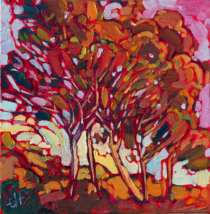 A color-saturated grove of eucalyptus trees comes to life in this petite oil painting. This California landscape is captured with thickly textured brush strokes and vivid colors.</p><p>These petite works are part of the 12 Days of Christmas Collection, which are being released one painting per day, starting on December 5th.  Each 6x6 painting is beautifully framed in a classic floater frame, which allows you to enjoy the brush strokes all the way to the edge of the painting.