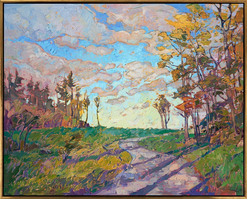 My first trip to the east coast last fall was very inspiring!  I spent a week driving and hiking through the winding roads and backcountry of Maine, New Hampshire, and Vermont. This painting captures the beautiful late-afternoon light and fall colors of a country road in New England. The tall, lanky trees stretch into the sky, catching the warmer light of the firmament. </p><p>This painting was done on 1-1/2" canvas, and it has been framed in a gold floater frame.