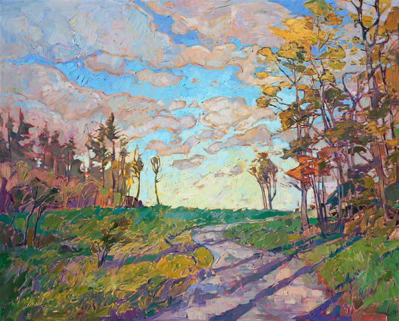 My first trip to the east coast last fall was very inspiring!  I spent a week driving and hiking through the winding roads and backcountry of Maine, New Hampshire, and Vermont. This painting captures the beautiful late-afternoon light and fall colors of a country road in New England. The tall, lanky trees stretch into the sky, catching the warmer light of the firmament. 

This painting was done on 1-1/2" canvas, and it has been framed in a gold floater frame.