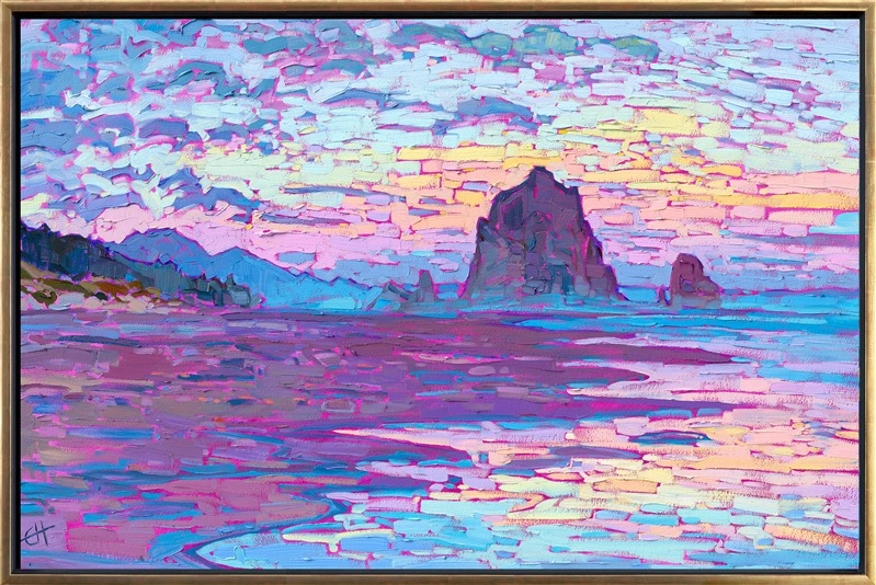 Haystack Rock, the most iconic rock formation on the Oregon coastline, is captured here in lush, expressive brush strokes of vivid color. Walking along the soft sand beach at sunset, this vista opened up around the bend of the coastline, shadowing into dusk.</p><p>"Haystack Dusk" is an original oil painting created in Erin Hanson's signature Open Impressionism style. The brush strokes are loose and impressionistic, creating a mosaic of color across the canvas. The piece arrives framed in a contemporary gold floater frame.