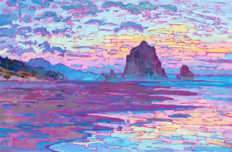 Haystack Rock, the most iconic rock formation on the Oregon coastline, is captured here in lush, expressive brush strokes of vivid color. Walking along the soft sand beach at sunset, this vista opened up around the bend of the coastline, shadowing into dusk.</p><p>"Haystack Dusk" is an original oil painting created in Erin Hanson's signature Open Impressionism style. The brush strokes are loose and impressionistic, creating a mosaic of color across the canvas. The piece arrives framed in a contemporary gold floater frame.