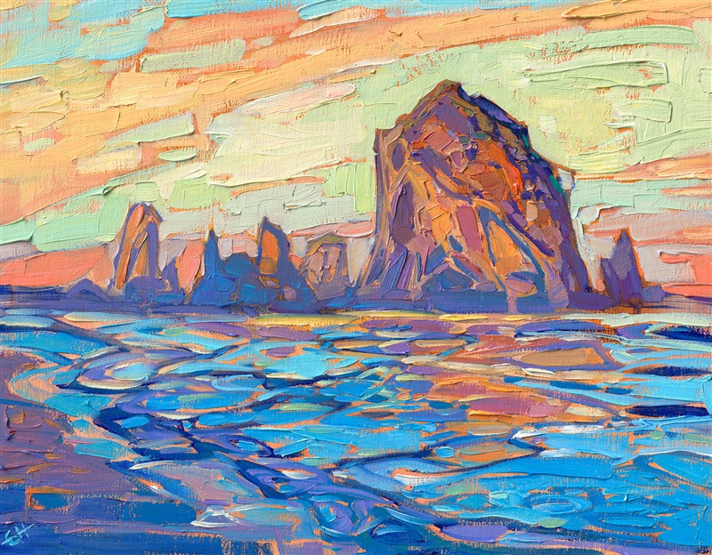 Haystack Rock in Cannon Beach, Oregon, is captured in thick, painterly brush strokes on a petite canvas. The small painting captures the drama of the scene with wide, expressive strokes of color and texture.</p><p>"Haystack Light" is an original oil painting on linen board. The piece arrives framed in a black and gold plein air frame, ready to hang.