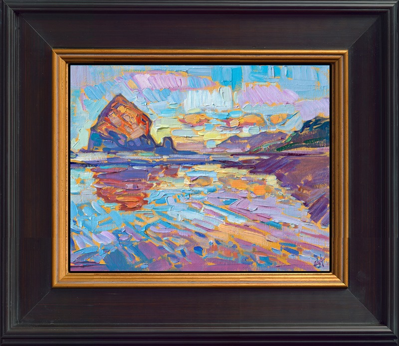 Haystack Rock glimmers with the late afternoon color, in this oil painting by Erin Hanson. Cannon Beach is one of the most picturesque landscapes along the Oregon coast. This petite painting captures the vibrant colors and constantly changing light of the Pacific coast.</p><p>"Haystack Reflection" is an original oil painting on linen board, done in Erin Hanson's signature Open Impressionism style. The piece arrives framed in a wide, mock floater frame finished in black with gold edging.</p><p>This piece will be displayed in Erin Hanson's annual <i><a href="https://www.erinhanson.com/Event/petiteshow2023">Petite Show</i></a> in McMinnville, Oregon. This painting is available for purchase now, and the piece will ship after the show on November 11, 2023.