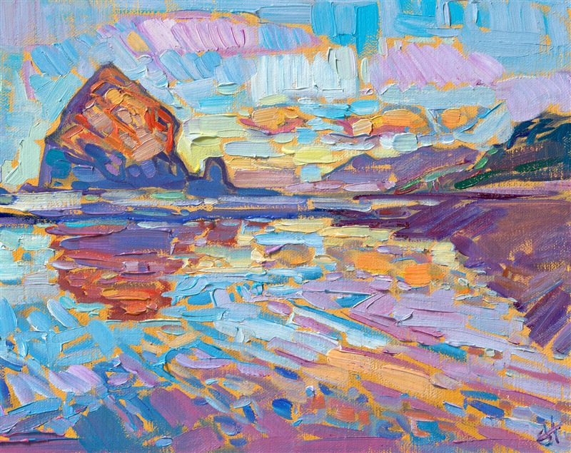 Haystack Rock glimmers with the late afternoon color, in this oil painting by Erin Hanson. Cannon Beach is one of the most picturesque landscapes along the Oregon coast. This petite painting captures the vibrant colors and constantly changing light of the Pacific coast.</p><p>"Haystack Reflection" is an original oil painting on linen board, done in Erin Hanson's signature Open Impressionism style. The piece arrives framed in a wide, mock floater frame finished in black with gold edging.</p><p>This piece will be displayed in Erin Hanson's annual <i><a href="https://www.erinhanson.com/Event/petiteshow2023">Petite Show</i></a> in McMinnville, Oregon. This painting is available for purchase now, and the piece will ship after the show on November 11, 2023.