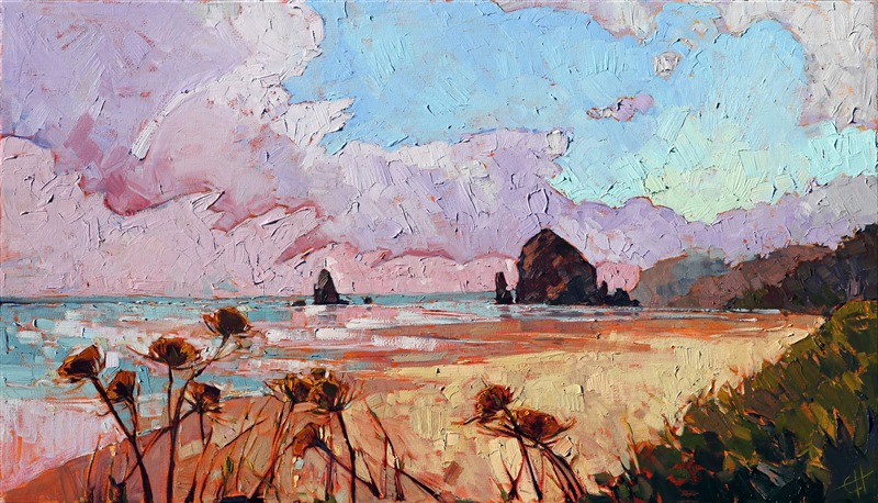 Loose brush strokes capture the immediacy and emotional beauty of Haystack Rock at Canon Beach, Oregon. The bold texture and subtle color changes draw you into the painting, transporting you to a distant, idyllic landscape. The artist first painted Haystack Rock twenty years ago, as a young girl visiting her family in Oregon.