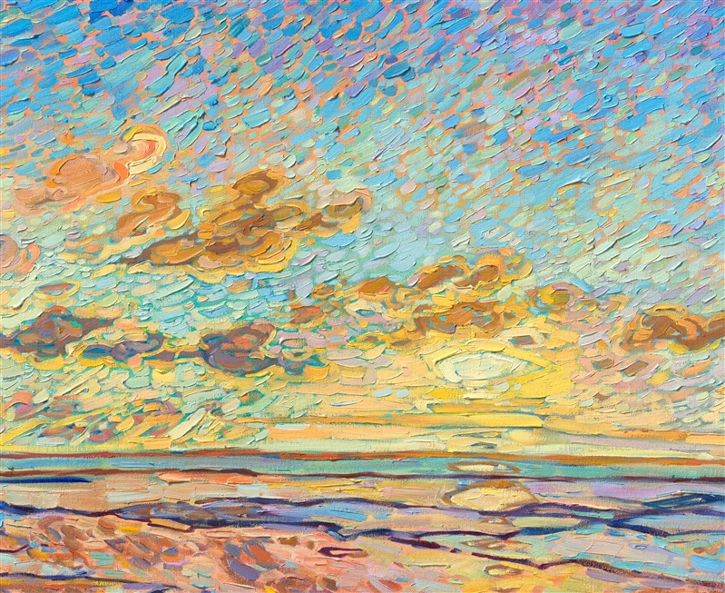Haystack Rock is the most iconic sea stack formation on the Oregon coast, and seeing it at sunset brings it to light like no other time of day. Erin Hanson's Open Impressionism techniques beautifully capture the changing light and multitude of colors in the seascape. Thick brush strokes of oil paint laid side by side give a sense of movement in the painting.</p><p>"Haystack Rock" will be on display at The Erin Hanson Gallery for <i><a href="https://www.erinhanson.com/Event/colossalcollection2025" target="_blank">The Colossal Collection</i></a> on August 9th, 2025. You are welcome to join us for the Artist's reception! You may purchase this painting in advance, but the piece will not ship until after August 9th.