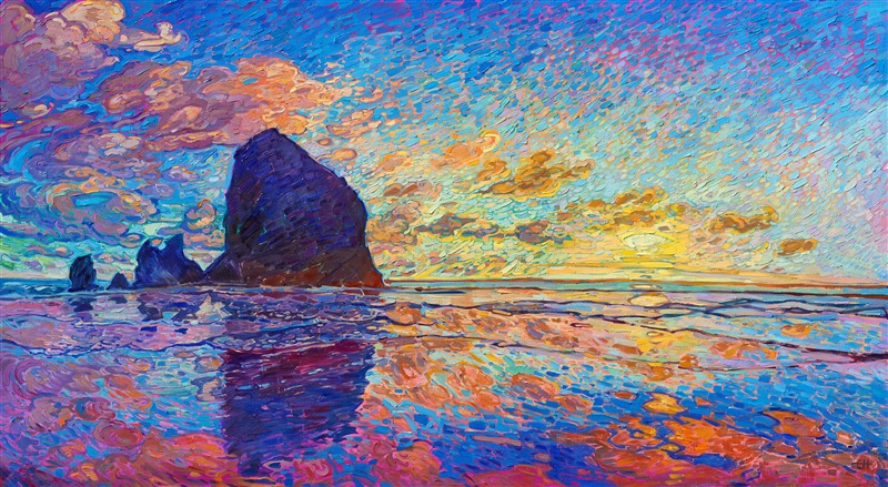 Haystack Rock is the most iconic sea stack formation on the Oregon coast, and seeing it at sunset brings it to light like no other time of day. Erin Hanson's Open Impressionism techniques beautifully capture the changing light and multitude of colors in the seascape. Thick brush strokes of oil paint laid side by side give a sense of movement in the painting.

"Haystack Rock" will be on display at The Erin Hanson Gallery for <i><a href="https://www.erinhanson.com/Event/colossalcollection2025" target="_blank">The Colossal Collection</i></a> on August 9th, 2025. You are welcome to join us for the Artist's reception! You may purchase this painting in advance, but the piece will not ship until after August 9th.