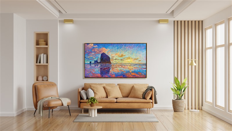 Haystack Rock is the most iconic sea stack formation on the Oregon coast, and seeing it at sunset brings it to light like no other time of day. Erin Hanson's Open Impressionism techniques beautifully capture the changing light and multitude of colors in the seascape. Thick brush strokes of oil paint laid side by side give a sense of movement in the painting.</p><p>"Haystack Rock" will be on display at The Erin Hanson Gallery for <i><a href="https://www.erinhanson.com/Event/colossalcollection2025" target="_blank">The Colossal Collection</i></a> on August 9th, 2025. You are welcome to join us for the Artist's reception! You may purchase this painting in advance, but the piece will not ship until after August 9th.