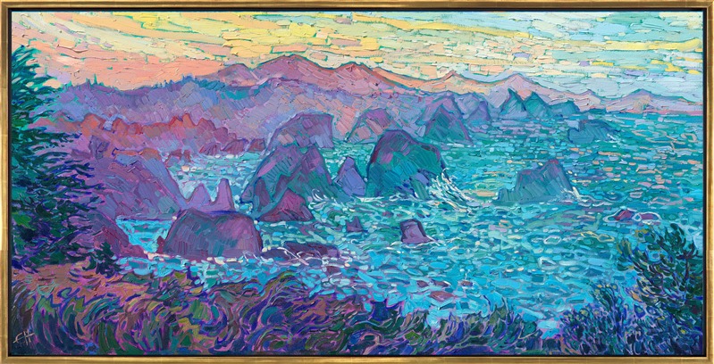 The haystacks at Elk, twenty minutes south of Mendocino, embody the beauty of the entire northern California coastline. This painting captures their majesty with thick, expressive brush strokes and bold color inspired by early dawn.