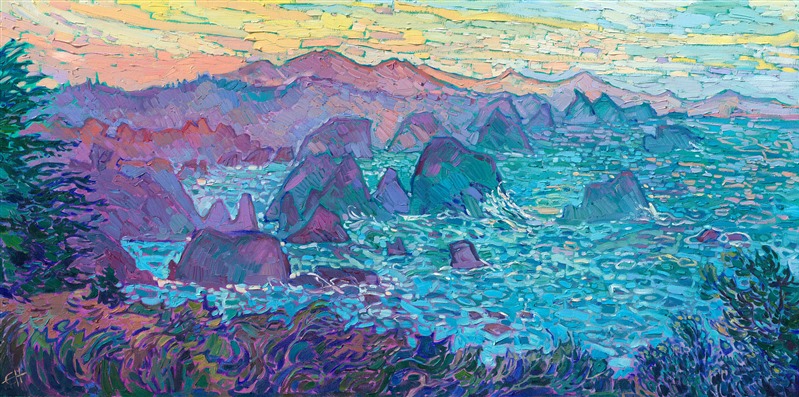 The haystacks at Elk, twenty minutes south of Mendocino, embody the beauty of the entire northern California coastline. This painting captures their majesty with thick, expressive brush strokes and bold color inspired by early dawn.