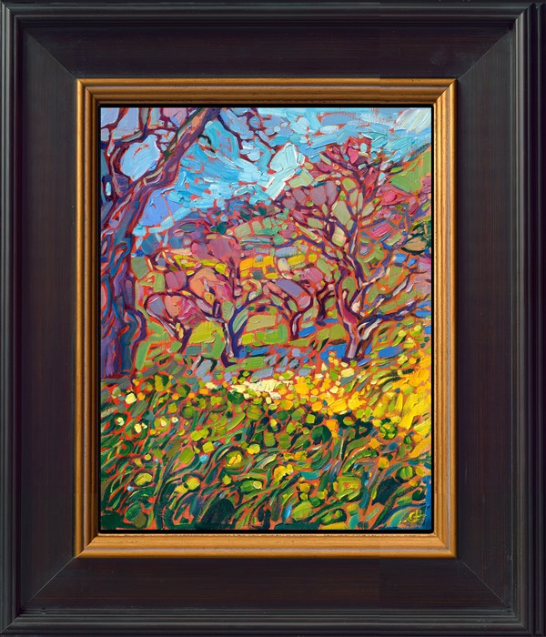 An old grove of hazelnut trees in Paso Robles, California, sparkles with color in the springtime, when mustard flowers grow in abundance beneath the gnarled branches. Thick brushstrokes and expressive color captures the beauty of this transient scene.</p><p>"Hazelnut Grove" is an original oil painting on linen board. The piece arrives framed in a black and gold plein air frame, ready to hang.</p><p>This piece will be displayed in Erin Hanson's annual <i><a href="https://www.erinhanson.com/Event/petiteshow2023">Petite Show</i></a> in McMinnville, Oregon. This painting is available for purchase now, and the piece will ship after the show on November 11, 2023. 