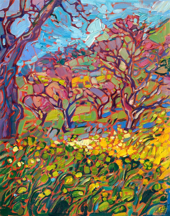 An old grove of hazelnut trees in Paso Robles, California, sparkles with color in the springtime, when mustard flowers grow in abundance beneath the gnarled branches. Thick brushstrokes and expressive color captures the beauty of this transient scene.</p><p>"Hazelnut Grove" is an original oil painting on linen board. The piece arrives framed in a black and gold plein air frame, ready to hang.</p><p>This piece will be displayed in Erin Hanson's annual <i><a href="https://www.erinhanson.com/Event/petiteshow2023">Petite Show</i></a> in McMinnville, Oregon. This painting is available for purchase now, and the piece will ship after the show on November 11, 2023. 