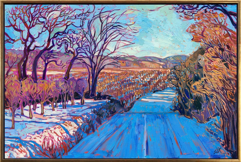 I used to drive by this hazelnut farm every day on my way to my gallery. The light in winter is so special--a limited palette of blues and golds can be used to paint an entire landscape. Thick brush strokes of oil paint are lathered onto the canvas like frosting, creating an almost edible scene that makes you feel the cold, crisp winter air in your lungs.