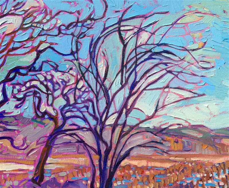 I used to drive by this hazelnut farm every day on my way to my gallery. The light in winter is so special--a limited palette of blues and golds can be used to paint an entire landscape. Thick brush strokes of oil paint are lathered onto the canvas like frosting, creating an almost edible scene that makes you feel the cold, crisp winter air in your lungs.