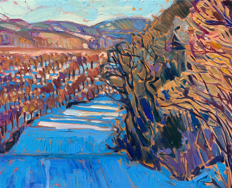 I used to drive by this hazelnut farm every day on my way to my gallery. The light in winter is so special--a limited palette of blues and golds can be used to paint an entire landscape. Thick brush strokes of oil paint are lathered onto the canvas like frosting, creating an almost edible scene that makes you feel the cold, crisp winter air in your lungs.