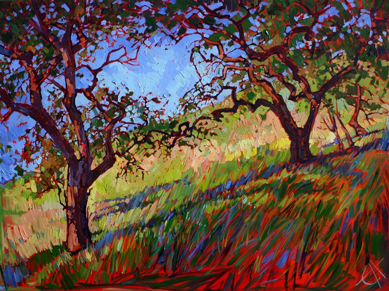 Beautiful green, California hills bathed in summer light. The paint is applied in thick, loose brush strokes.