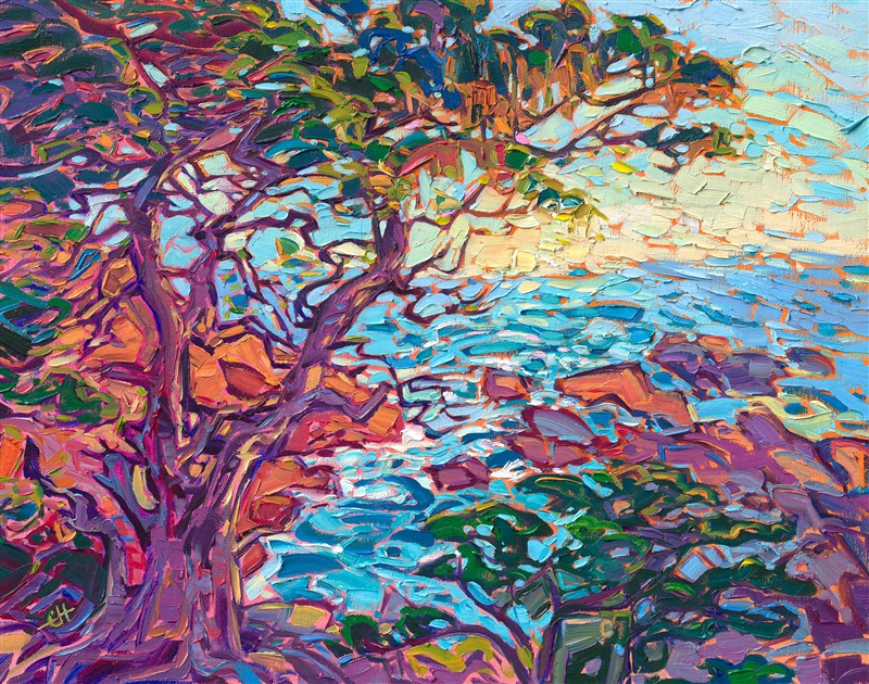 Peeking through the cypress trees near Point Lobos in Carmel, you can see the turquoise waters below swirling around the rocks. The white coastal foam sparkles in the light, glinting between the boughs of the Monterey cypress trees.</p><p>"Hidden Cypress" is an orignal oil painting created on linen board. The brush strokes are loose and impressionistic, creating a mosaic of texture and color across the canvas.