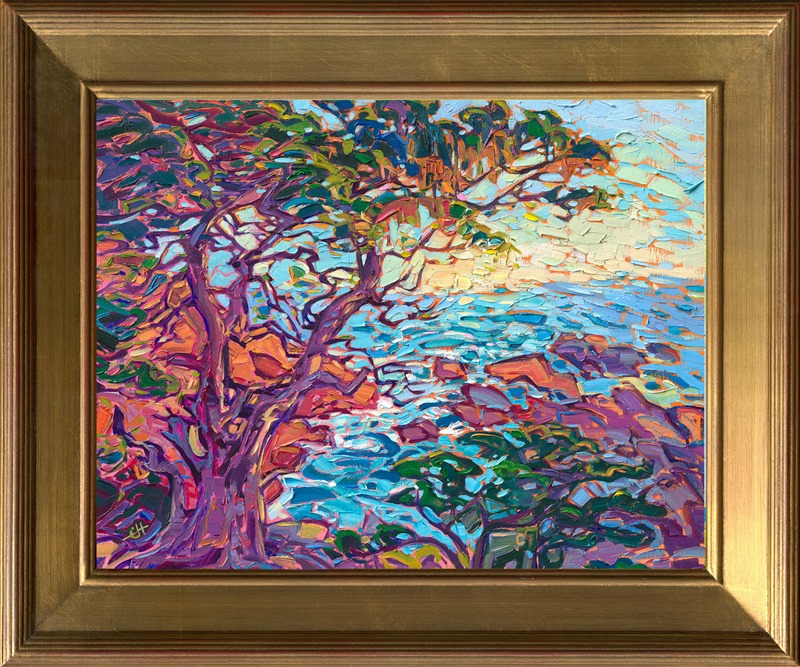 Peeking through the cypress trees near Point Lobos in Carmel, you can see the turquoise waters below swirling around the rocks. The white coastal foam sparkles in the light, glinting between the boughs of the Monterey cypress trees.</p><p>"Hidden Cypress" is an orignal oil painting created on linen board. The brush strokes are loose and impressionistic, creating a mosaic of texture and color across the canvas.