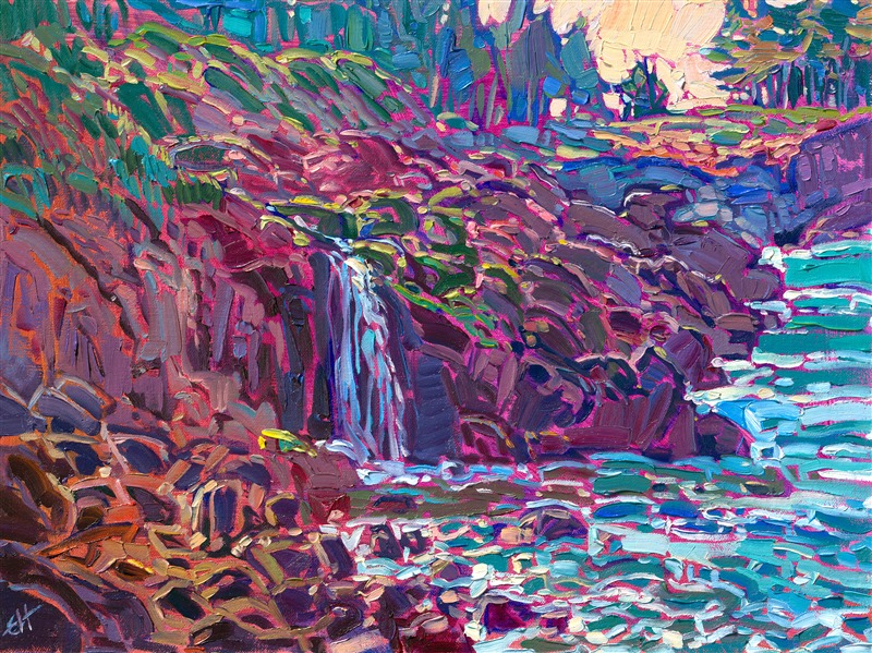 As I was driving down Highway 1, winding along the Pacific Coast, I suddenly saw a hidden cove with an idyllic waterfall tumbling out of the rocky cliffs. I turned my van around, parked by the side of the road, and clambered down underneath the bridge. It was quiet and secret under there, cool and protected, and I found an unhindered view of the hidden falls that inspired this painting.

"Hidden Falls" is an original oil painting on linen board, done in Erin Hanson's signature Open Impressionism style. The piece arrives framed in a wide, mock floater frame finished in black with gold edging.

This piece will be displayed in Erin Hanson's annual <i><a href="https://www.erinhanson.com/Event/petiteshow2023">Petite Show</i></a> in McMinnville, Oregon. This painting is available for purchase now, and the piece will ship after the show on November 11, 2023. 