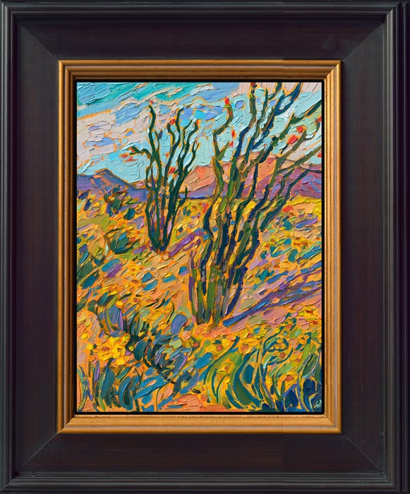 The last superbloom in Borrego Springs, California, is captured eternally with paintbrush and canvas in this petite oil painting. The wild colors of the high desert in bloom are portrayed in Hanson's iconic Open Impressionism style.</p><p>"High Desert Blooms" is an original oil painting on linen board. The piece arrives framed in a wide, custom frame designed to set off the colors in the piece.</p><p>This painting will be displayed at Erin Hanson's annual <a href="https://www.erinhanson.com/Event/ErinHansonSmallWorks2022" target=_"blank"><i>Petite Show</a></i> on November 19th, 2022, at The Erin Hanson Gallery in McMinnville, OR.