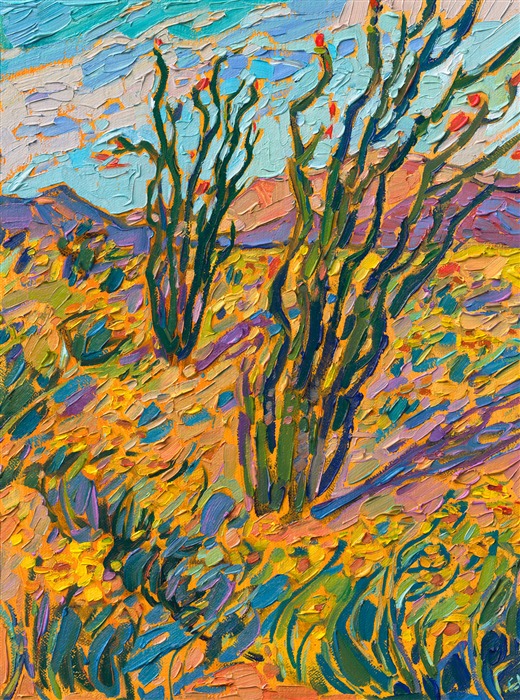 The last superbloom in Borrego Springs, California, is captured eternally with paintbrush and canvas in this petite oil painting. The wild colors of the high desert in bloom are portrayed in Hanson's iconic Open Impressionism style.</p><p>"High Desert Blooms" is an original oil painting on linen board. The piece arrives framed in a wide, custom frame designed to set off the colors in the piece.</p><p>This painting will be displayed at Erin Hanson's annual <a href="https://www.erinhanson.com/Event/ErinHansonSmallWorks2022" target=_"blank"><i>Petite Show</a></i> on November 19th, 2022, at The Erin Hanson Gallery in McMinnville, OR.