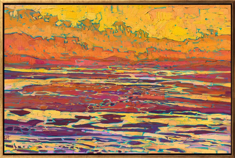 Erin Hanson, Alchemist of Color, is known for her bold color combinations and expressive use of emotional color palettes. This piece "High Tide" was created from a limited palette of only three colors. The painting captures the sunset colors of high tide on the Monterey Peninsula. Loose brush strokes convey a sense of movement and spontaneity within the painting.</p><p>"High Tide" is an original oil painting on canvas by Erin Hanson, painted in her iconic Open Impresisonism style. The piece arrives framed in a contemporary gold floater frame finished in burnished, 23kt gold leaf.