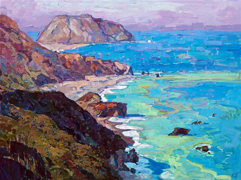 Driving up and down California Highway 1 lets you experience beautiful, expansive vistas for hour after hour.  I love driving Highway 1 at dawn, before the crowds come out, when the coastline is quiet and shrouded in rising mist.</p><p>This painting has been framed in a hand-gilded, carved floater frame that was designed to complement the colors in this painting.  It will arrived wired and ready to hang.</p><p>This painting will be included in the exhibition <i><a href="https://www.erinhanson.com/Event/erinhansoncoastalcalifornia" target="_blank">Erin Hanson: Coastal California</i></a>, at The Erin Hanson Gallery in San Diego. The artist's reception will take place on June 24th.  If you purchase this painting online, it will be shipped to you the week of June 26th.