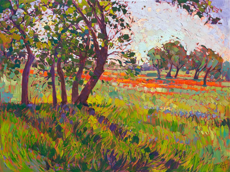 Scarlet wildflowers and bluebonnets dance among the high summer grasses in this painting of Texas hill country.  The brush strokes capture the motion of this breezy spring day, commemorating a beautiful moment in time.

This painting is being sold on consignment.

"Hill Country Color" was created on 1-1/2" canvas, with the painting continued around the edges of the canvas. The piece is presented in a 23kt gold floater frame.