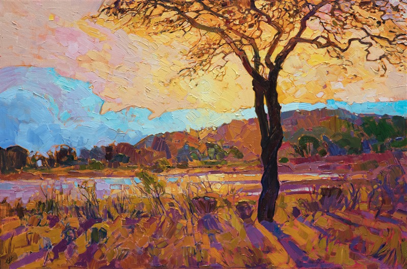 Early dawn light illuminates this landscape of rolling hills and placid waters.  The vibrant oranges and yellows of dawn play against the cool magenta shadows.  Each brush stroke is expressive and alive with motion and texture.</p><p>This painting was done on 1-1/2" canvas, with the painting continued around the edges.  The work will be delivered framed and ready to hang.</p><p>This painting will be featured at <a href="http://www.thewoodlandsartscouncil.org/" target="_blank">The Woodlands Waterway Art Festival</a> in 2018.  It will be available for purchase at the festival.<br/>