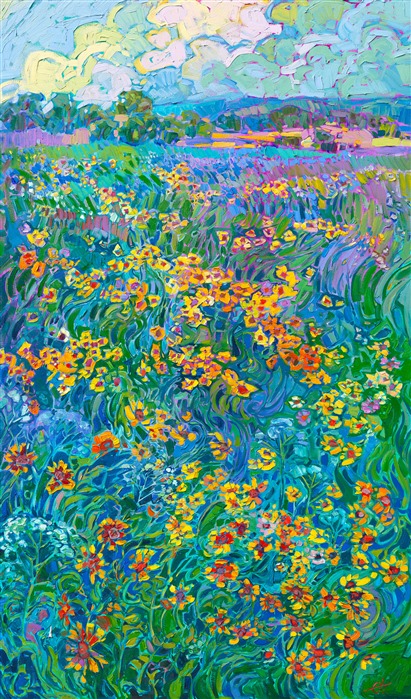 The softly rolling hills of Texas hill country are captured in thick, impressionistic brush strokes and lively colors. Texas is famous for its spring wildflowers, and this painting captures tumbling yellow daisies, black eyed Susans, and bluebonnets, all tucked in among waving grasses.</p><p>"Hill Country Golds" is an original oil painting created on 1-1/2" canvas and framed in a contemporary gold floater frame.