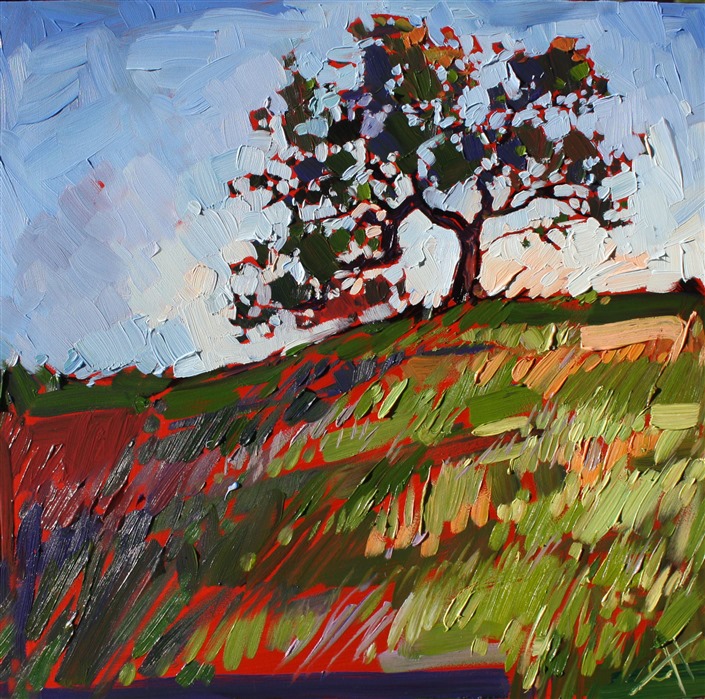 Lively color and a confident stroke bring this oak tree to life.  The oil on board medium creates a smoother surface to paint on than stretched canvas.