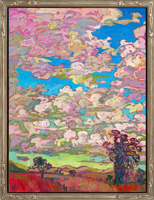 A flurry of puffy clouds floats above the rolling hills of central California. The summer hues of lime green and pale pink blend together to capture the impressionistic colors of the landscape. Thick brush strokes bring to life the movement of the scene.</p><p>"Hills and Clouds" was created on 1-1/2" canvas, with the painting continued around the edges. The piece arrives framed in a contemporary gold floater frame.