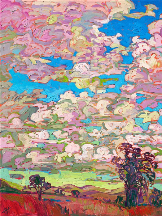 A flurry of puffy clouds floats above the rolling hills of central California. The summer hues of lime green and pale pink blend together to capture the impressionistic colors of the landscape. Thick brush strokes bring to life the movement of the scene.</p><p>"Hills and Clouds" was created on 1-1/2" canvas, with the painting continued around the edges. The piece arrives framed in a contemporary gold floater frame.