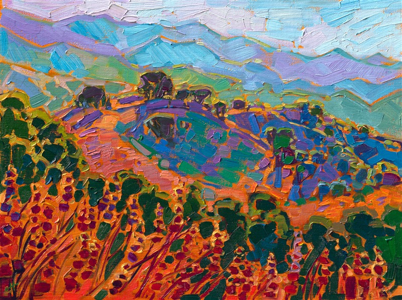 Rolling California hills and oak trees catch the light of the setting sun in this petite oil painting. The brush strokes are thick and impressionistic, capturing the lush color of central California wine country.</p><p>"Hills and Oaks" was created on fine linen board. The painting arrives framed in a gold plein air frame, ready to hang.