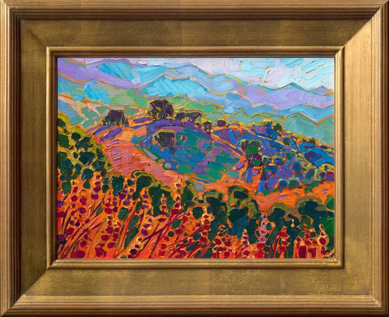 Rolling California hills and oak trees catch the light of the setting sun in this petite oil painting. The brush strokes are thick and impressionistic, capturing the lush color of central California wine country.</p><p>"Hills and Oaks" was created on fine linen board. The painting arrives framed in a gold plein air frame, ready to hang.