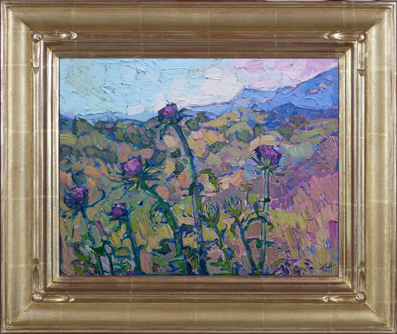 A classic scene of purple thistles against rolling hills, this painting captures all the beauty of California wine country. The brush strokes in this painting are loose and impressionistic, full of texture and subtle color changes.</p><p>This painting was done on 3/4" stretched canvas, and it has been framed in a classic plein-air frame.  It will arrive wired and ready to hang.