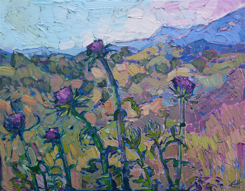 A classic scene of purple thistles against rolling hills, this painting captures all the beauty of California wine country. The brush strokes in this painting are loose and impressionistic, full of texture and subtle color changes.</p><p>This painting was done on 3/4" stretched canvas, and it has been framed in a classic plein-air frame.  It will arrive wired and ready to hang.