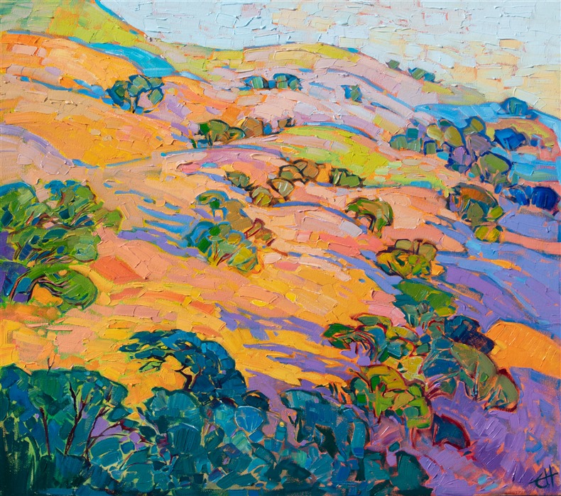 Rolling hills of Napa Valley are brought to life in vivid color, capturing the vibrant sherbet hues seen at dawn. Groves of oak trees nestle in between the hillsides, casting long purple shadows across the sun-burnt grass.

"Hills at Dawn" was created in Erin's Open Impressionist style, with thickly applied paint and defined brushstrokes. Each color was mixed from a limited palette of only 5 primary colors. The thick, impasto paint lends dimension to the canvas. The piece was created on 1-1/2" canvas, with the painting continued around the edges. The painting arrives framed in a simple gold-leaf floater frame.