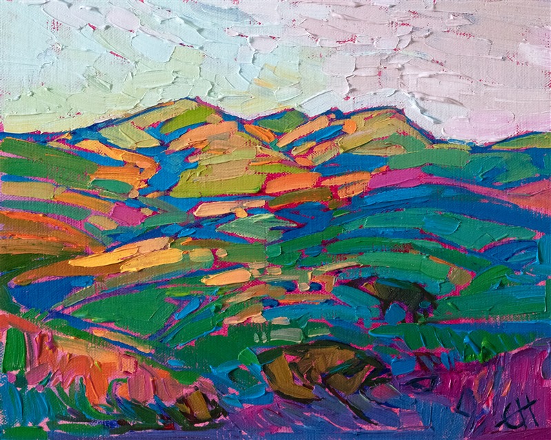 Softly rounded hills in Paso Robles, California, capture the colors of sunset in this petite oil painting. The loose and painterly brush strokes capture the emotional impression of the scene.</p><p>"Hills in Green" was created on 1/8" linen board. The painting arrives framed in a gold plein air frame, ready to hang.