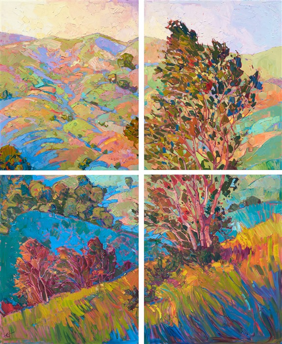 Four canvases combine to create a stunning impression of central California's wine country landscape. The colors and abstract shapes move together to communicate the motion and freshness of the wide outdoors.

This painting was created on four museum-depth canvases, with the painting continued around the edges of each stretched canvas. This painting was designed to hang without a frame, with the canvases evenly spaced 1-3 inches apart. 

"Hills in Quadtych" was an Artavita first place contest winner and was featured in the World Wide Art Los Angeles convention in 2014. 