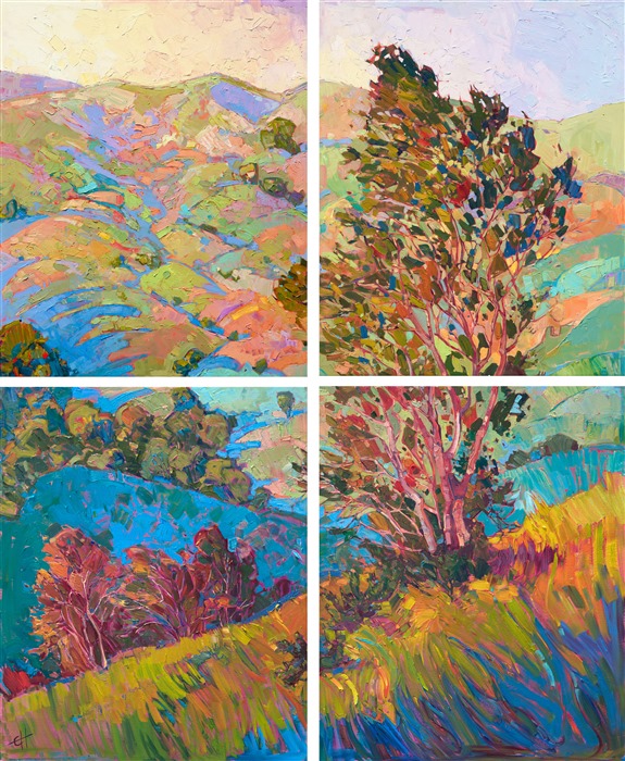 Four canvases combine to create a stunning impression of central California's wine country landscape. The colors and abstract shapes move together to communicate the motion and freshness of the wide outdoors.</p><p>This painting was created on four museum-depth canvases, with the painting continued around the edges of each stretched canvas. This painting was designed to hang without a frame, with the canvases evenly spaced 1-3 inches apart. </p><p>"Hills in Quadtych" was an Artavita first place contest winner and was featured in the World Wide Art Los Angeles convention in 2014. 